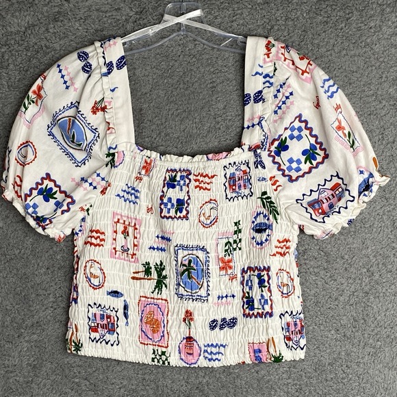 Monteau LA Smocked Crop Top Size XL White Short Sleeve Beach Casual Boho Cottage - Picture 9 of 10